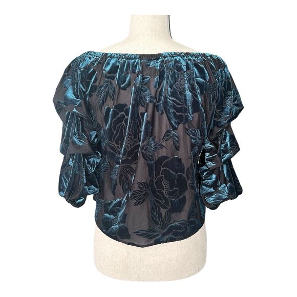 MSK Petite Teal Burnout Velvet Off Shoulder Top PM - Picture 3 of 4